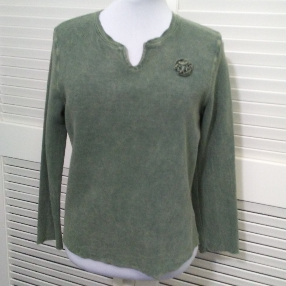 Hot‎ Cotton Pullover Top Moss Green Pop Over Rosette Size Small